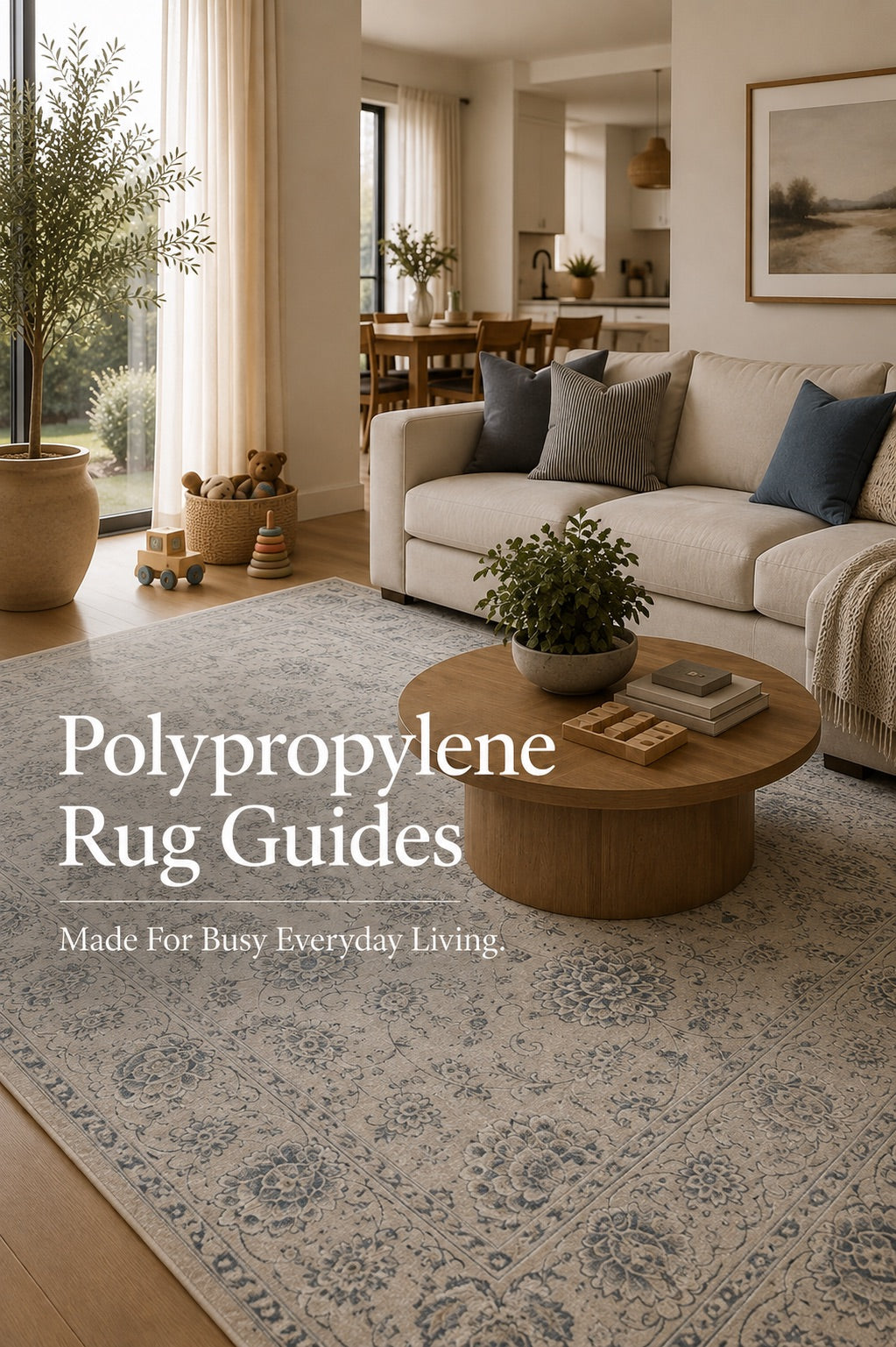 A machine made polypropylene rug styled in a modern Perth home living room.