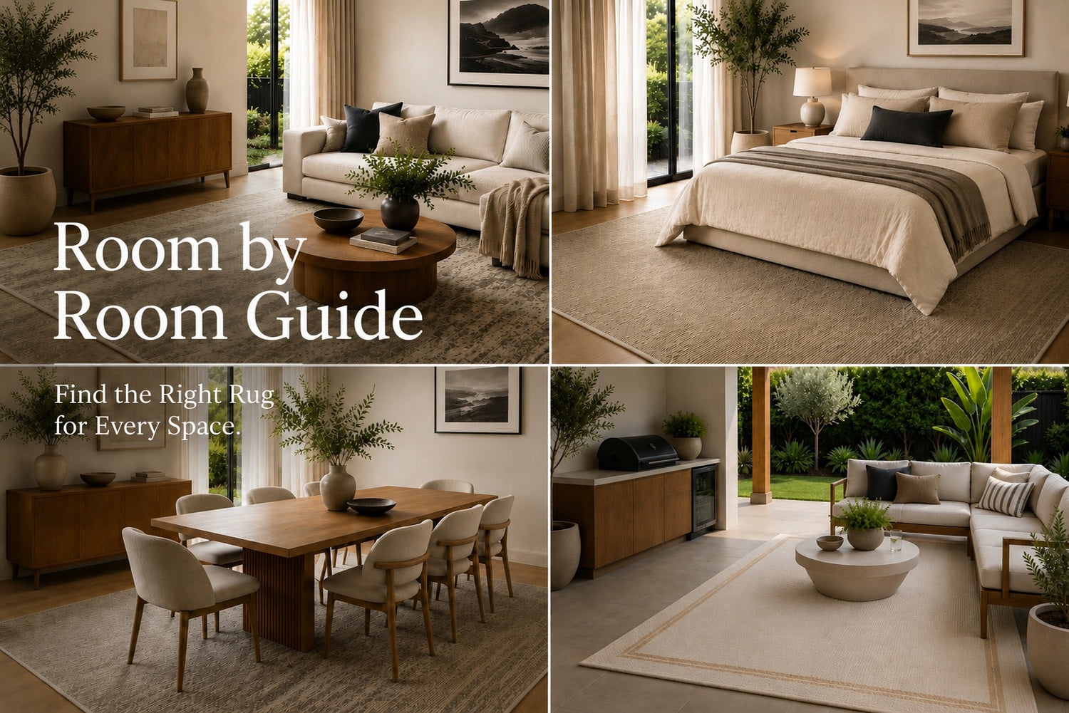 A split image of a Perth Living Room, Bedroom, Dining Room and Outdoor Alfresco rooms and area styled with Ochoco Rugs.
