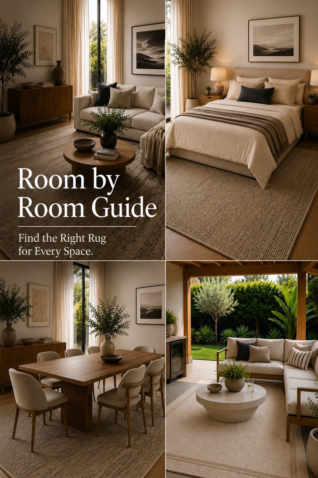 A 4 part image showing different rooms styled with rugs.