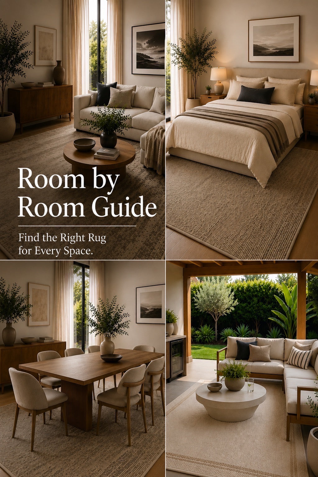 A 4 part image of rugs styled in different rooms in the home.