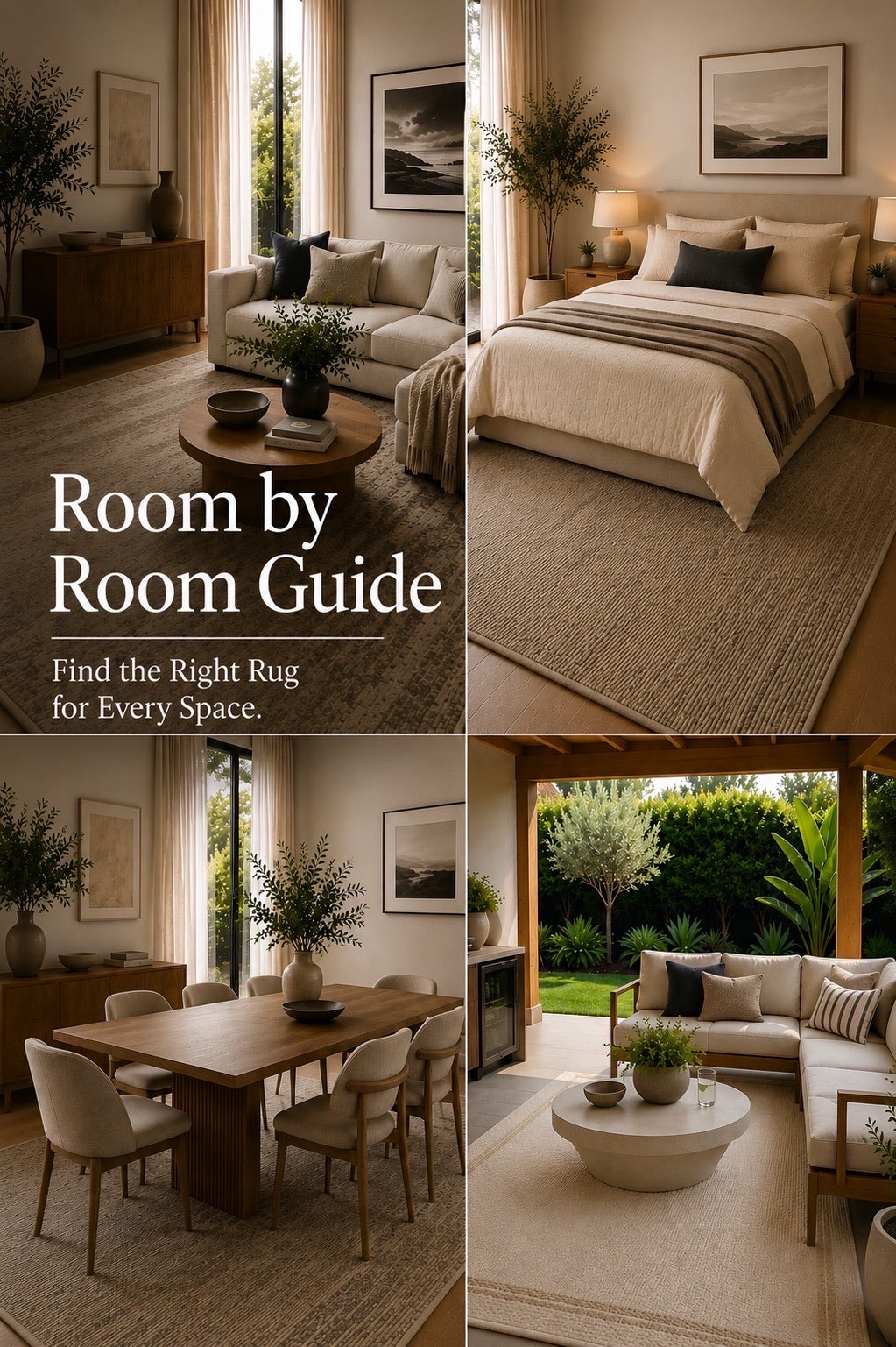 A 4 part image of 4 different rooms settings styled with 4 different rugs.