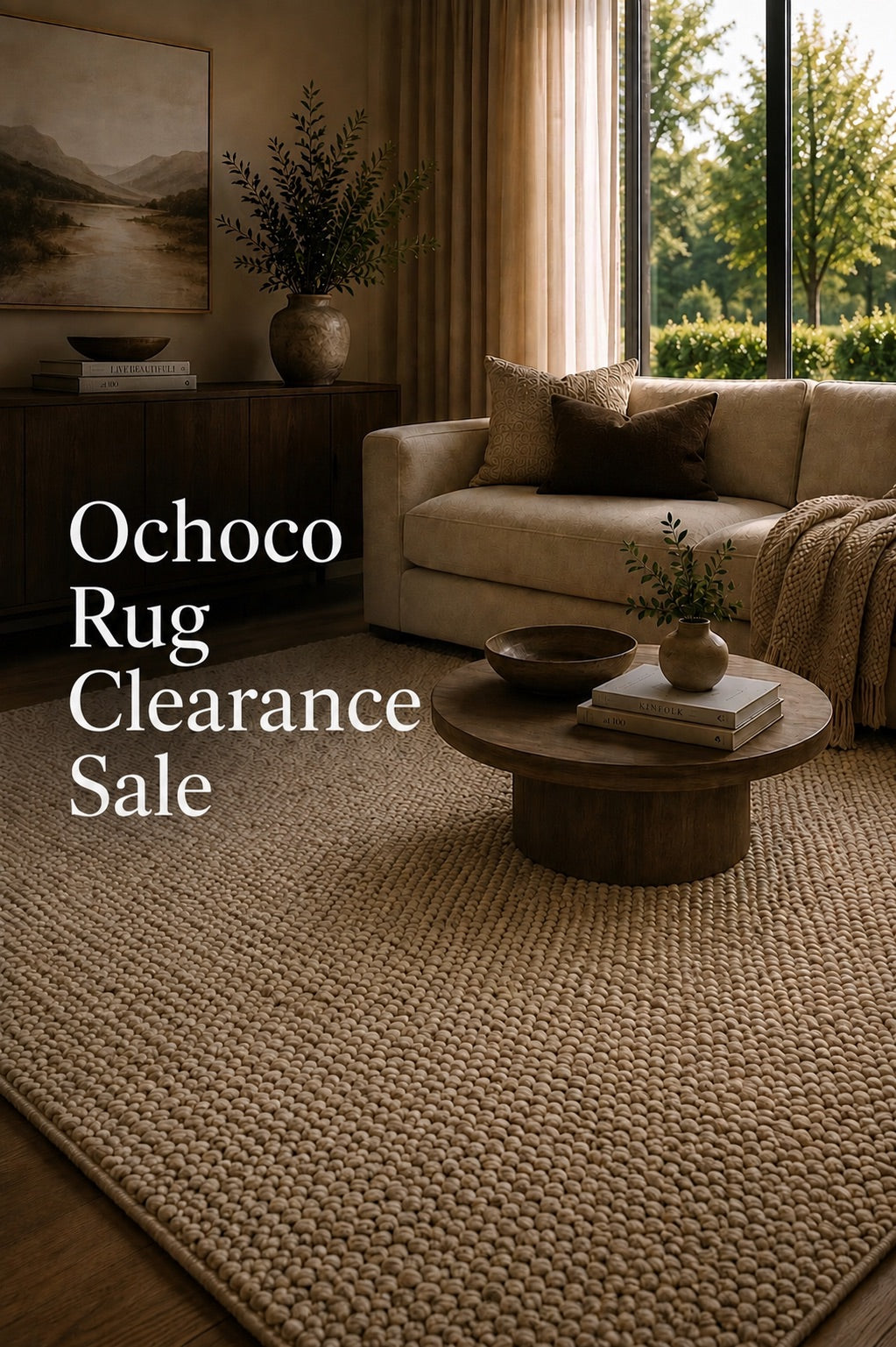 A hand woven textured wool rug styled in a modern Perth home living room.