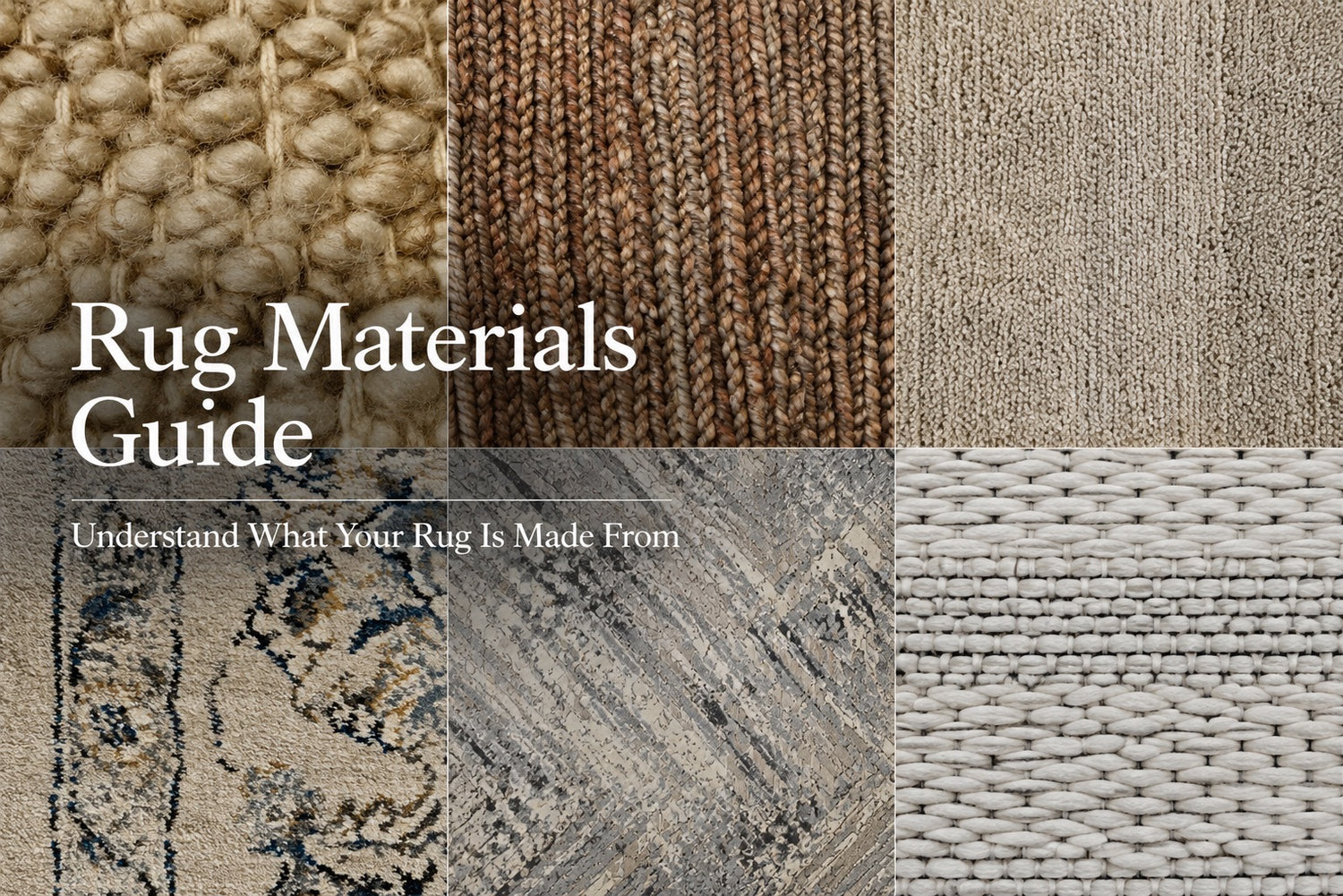 A split image of the 6 different materials covered in our Ochoco Rug Materials Guide.