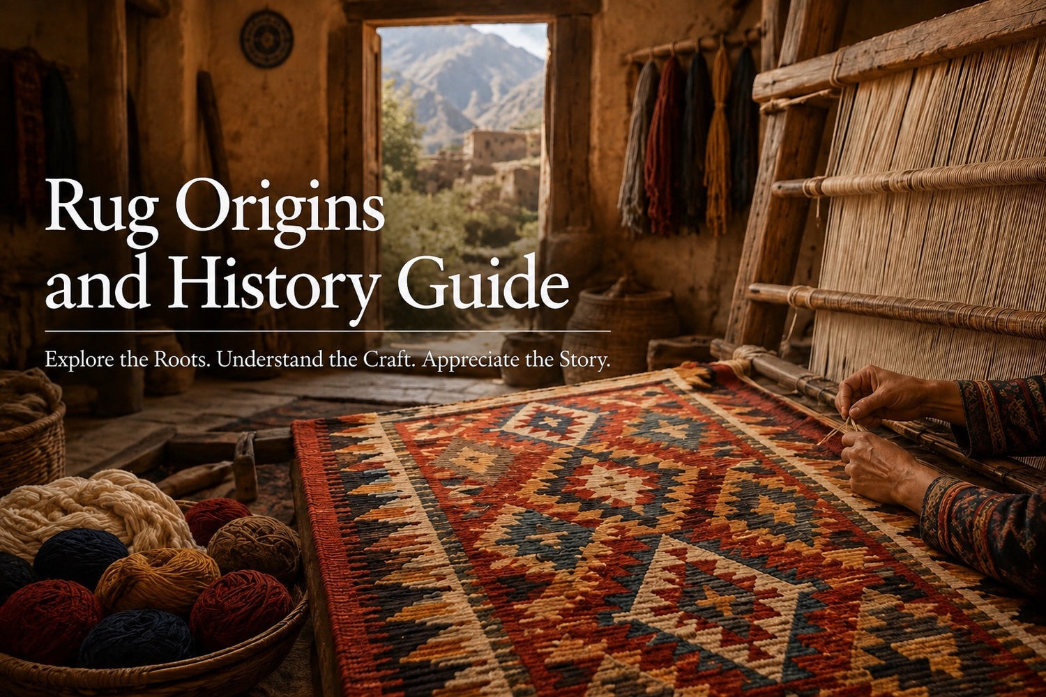 A image of a Afghan weaver producing a Kilim rug in the Khyber Pass region of Afghanistan.