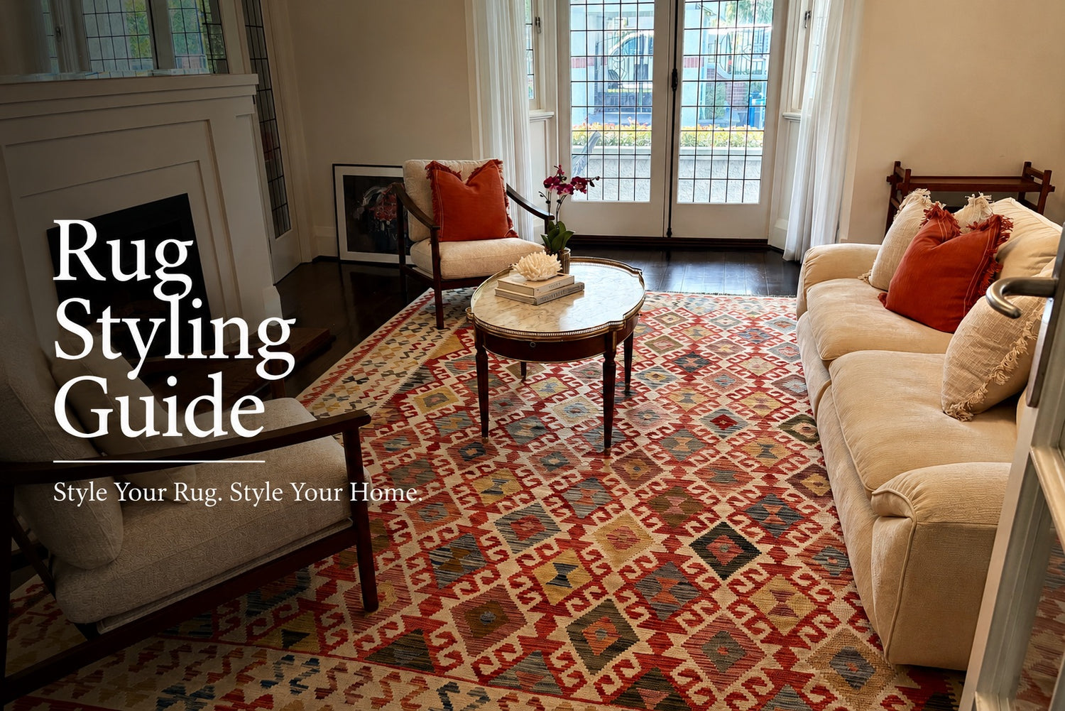 A Ochoco Khyber Kilim Rug Styled in a Federation Perth home living room setting.