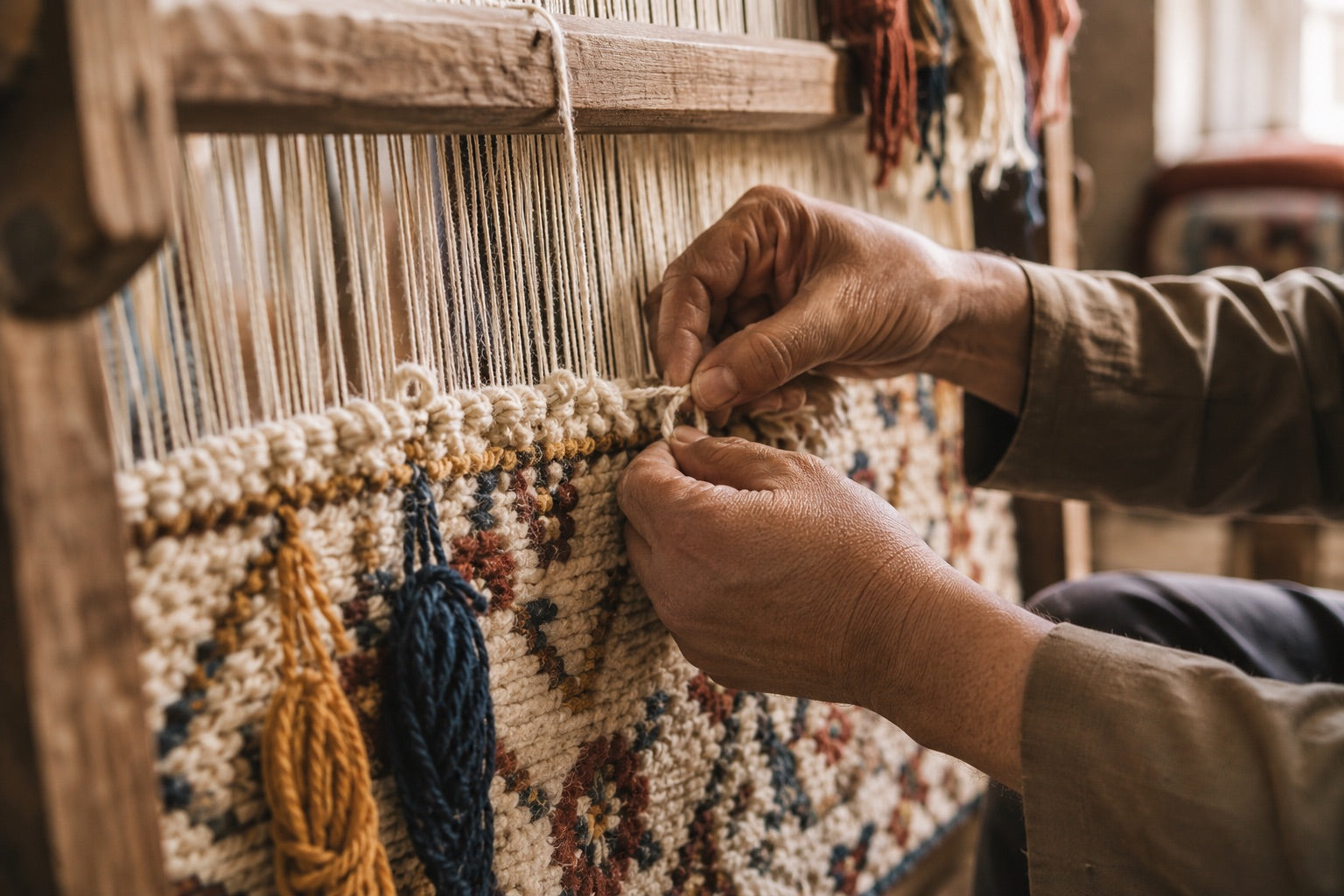 A traditional artisan rug maker hand knotted a wool rug on a traditional loom.