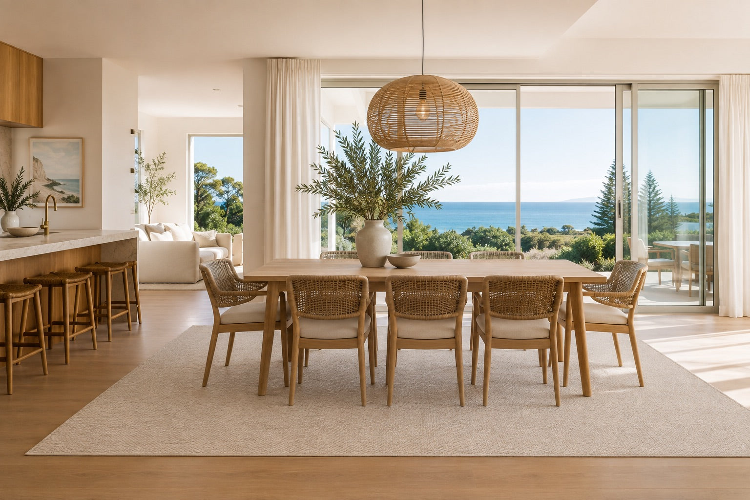 A wool hand woven flatweave rug styled in a open-planned Perth home dining room.