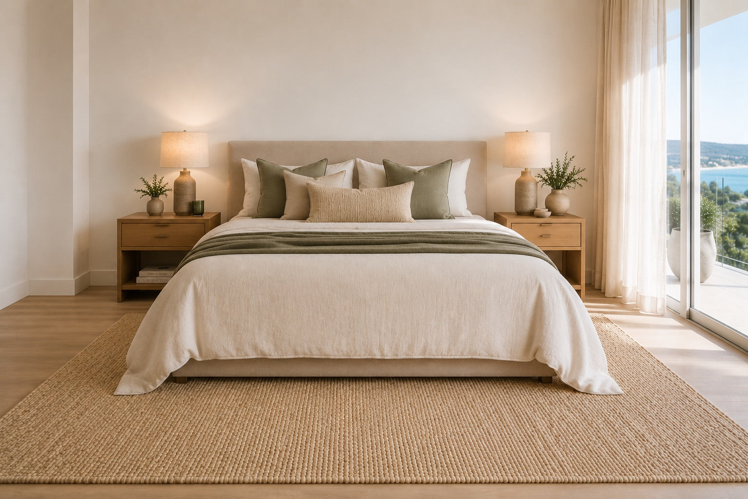 A hand woven textured wool rugs styled in a modern Perth home bedroom setting.