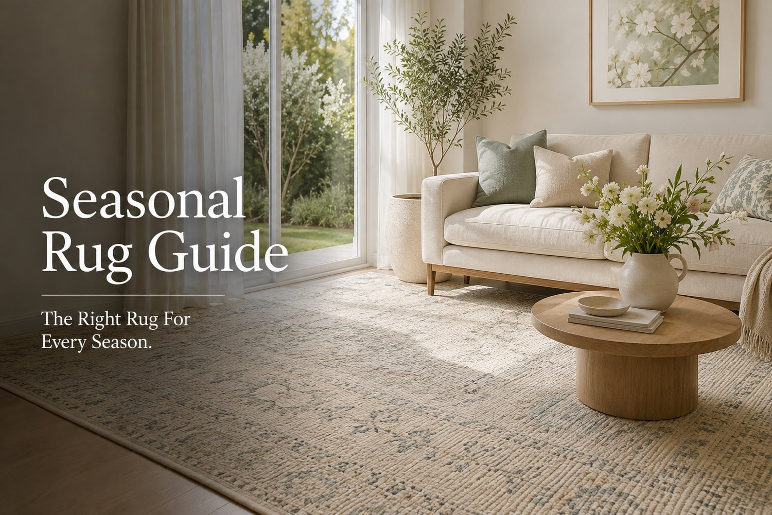 A spring time image of a hand woven textured wool rug styled in a Perth home living room.
