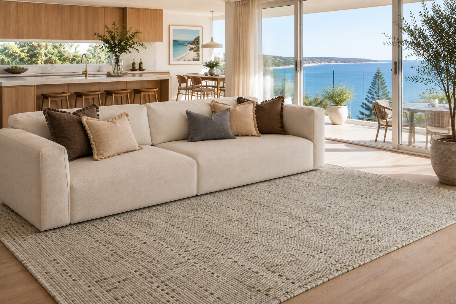 A open planned Perth home living room setting styled with the Cleo Green hand woven wool flatweave rug.