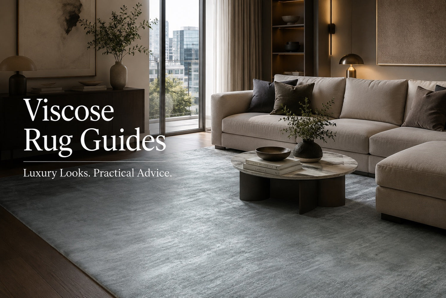 A Hand Woven Viscose Rug styled in a modern Perth apartment living room.