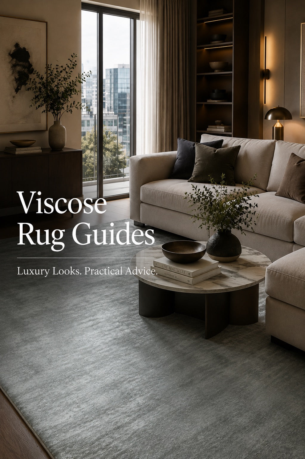 A hand woven viscose rug styled in a modern Perth apartment living room.