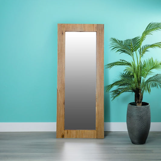 The Okinawa Large Mirror. Solid fruitwood frame with grooved ascetics. Colour natural. Measures 1000 wide X 1700 height. Life.