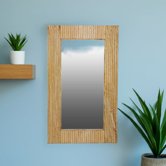 The Okinawa Small Mirror. Solid fruitwood frame with grooved ascetics. Colour natural. Measures 600 wide X 1000 height. Life.