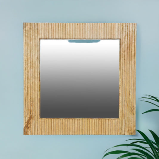 The Okinawa Square Mirror. Solid fruitwood frame with grooved ascetics. Colour natural. Measures 800 wide X 800 height. Life.