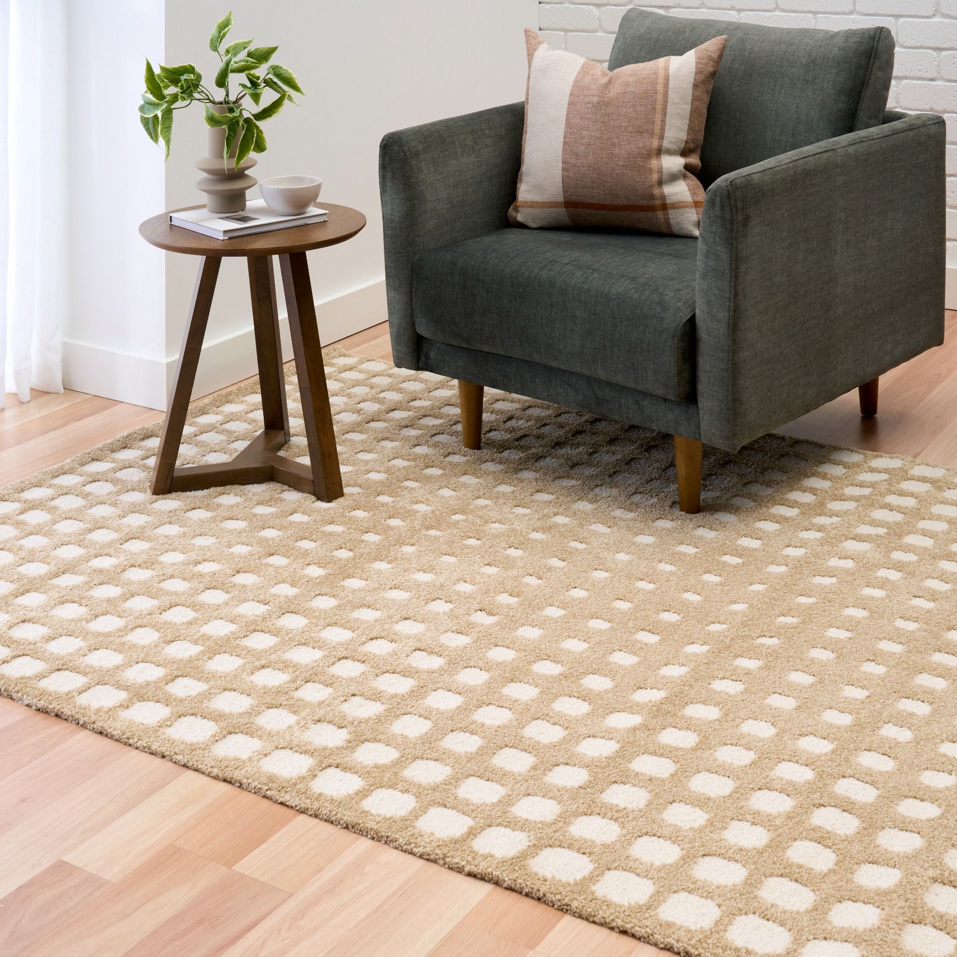Osmond Squares Beige rug with soft square patterns in a neutral palette and a high-low textured finish. Colours Beige and Cream. Sizes 160 X 230, 200 X 290 and 240 X 340. Life.