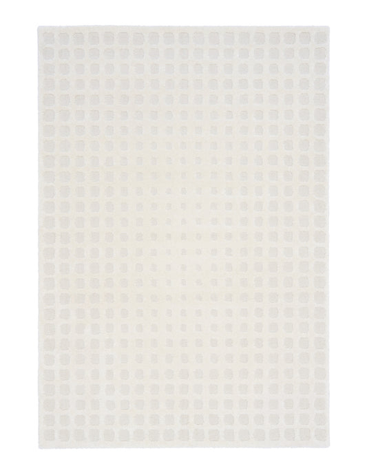 Osmond Squares Ivory rug with soft square patterns in a neutral palette and a high-low textured finish. Colours Ivory and Light Grey. Sizes 160 X 230, 200 X 290 and 240 X 340. Full.