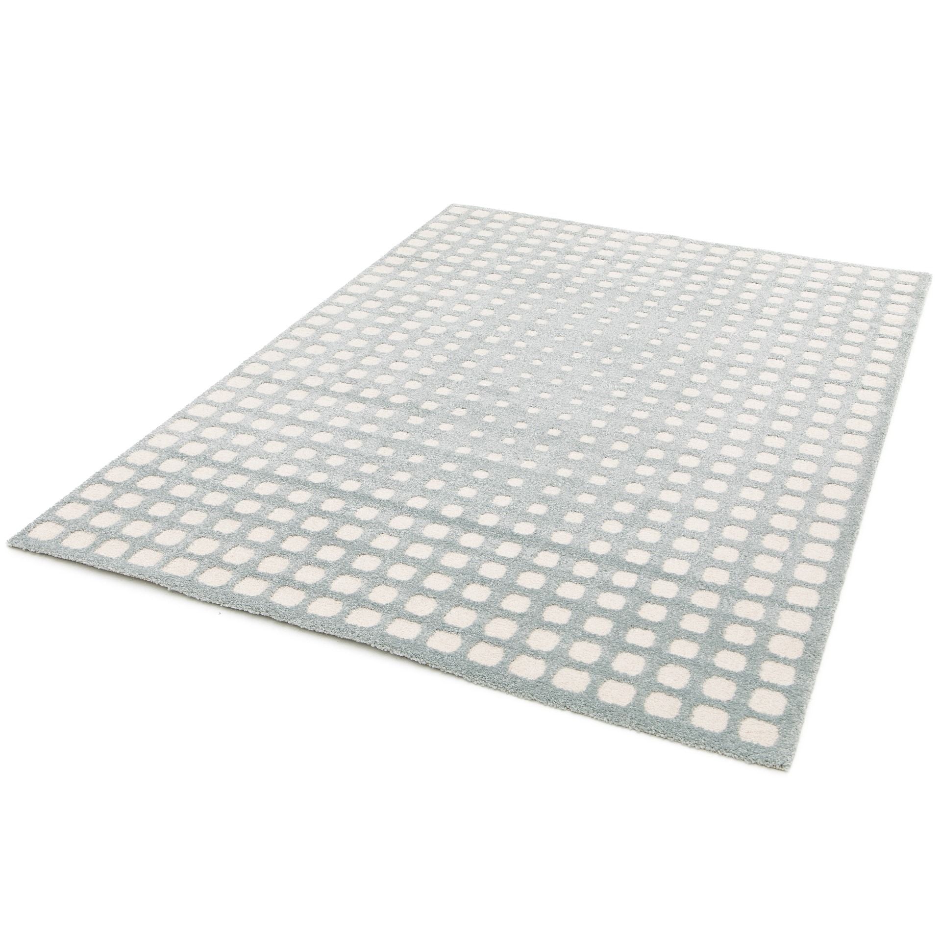 Osmond Squares Light Blue rug with soft square patterns in a neutral palette and a high-low textured finish. Colours Light Blue and Ivory. Sizes 160 X 230, 200 X 290 and 240 X 340. Angle Full.