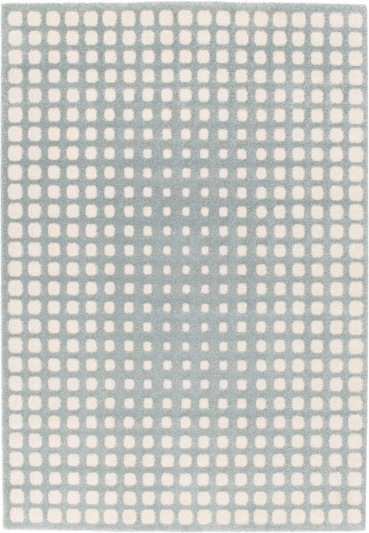 Osmond Squares Light Blue rug with soft square patterns in a neutral palette and a high-low textured finish. Colours Light Blue and Ivory. Sizes 160 X 230, 200 X 290 and 240 X 340. Full.