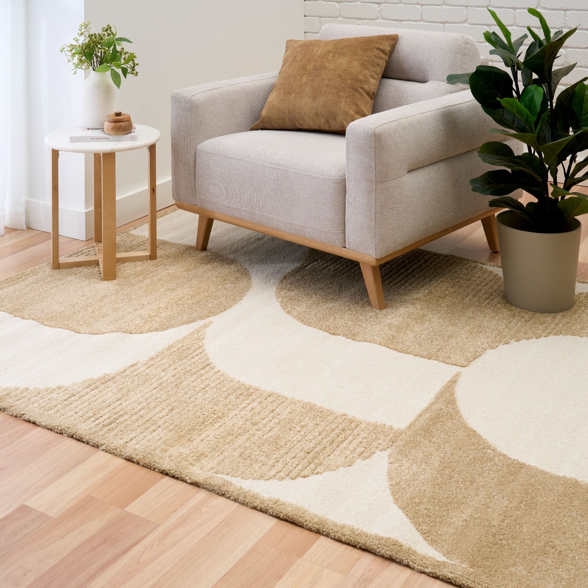 Osmond Waves Beige rug with soft geometric patterns in a neutral palette and a high-low textured finish. Colour Beige and Cream. Sizes 160 X 230, 200 X 290 and 240 X 340. Life.