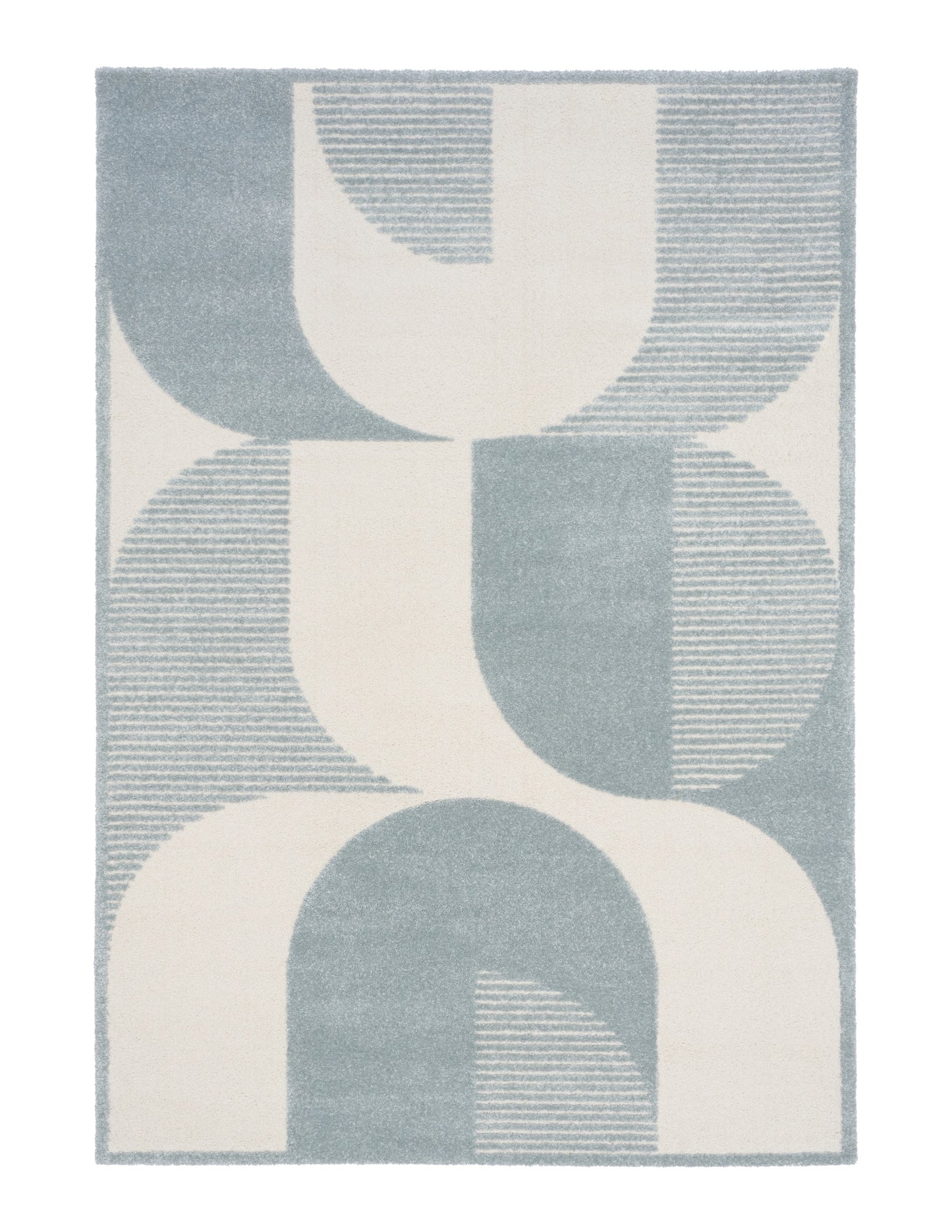 Osmond Waves Light Blue rug with soft geometric patterns in a neutral palette and a high-low textured finish. Colours Light Blue and Ivory. Sizes 160 X 230, 200 X 290 and 240 X 340. Full.