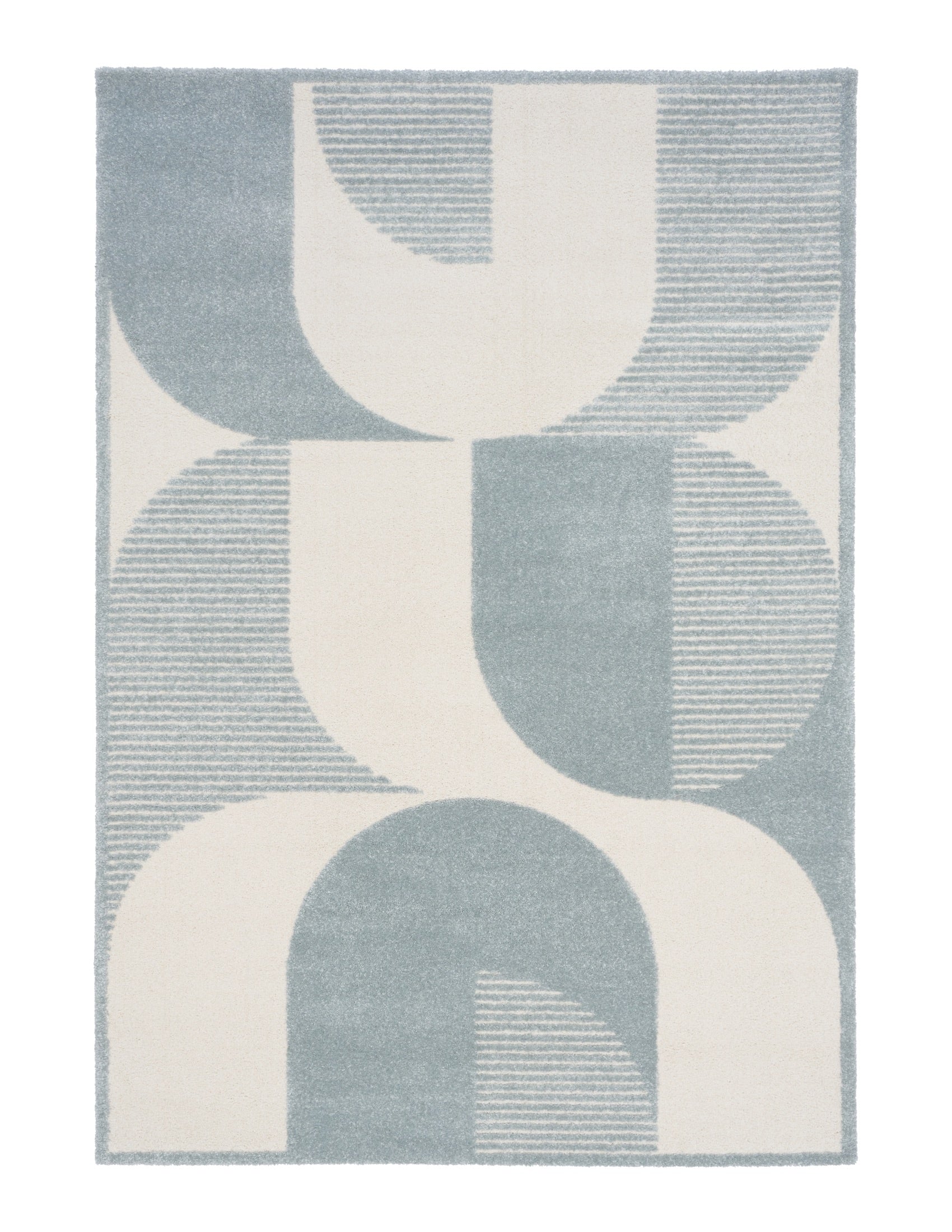 Osmond Waves Light Blue rug with soft geometric patterns in a neutral palette and a high-low textured finish. Colours Light Blue and Ivory. Sizes 160 X 230, 200 X 290 and 240 X 340. Full.