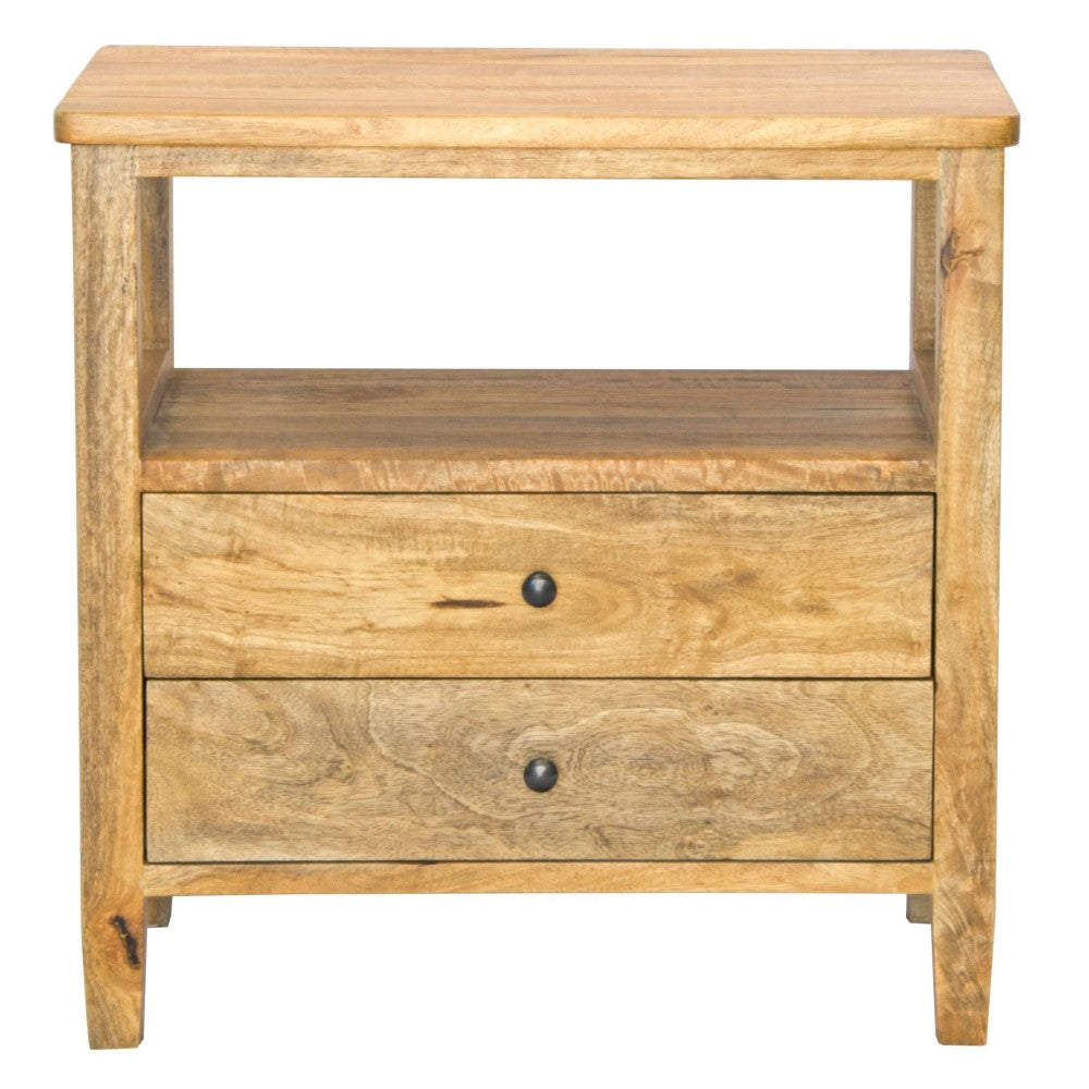 The Ossa - 2 Drawer Bedside. This sleek and contemporary bedside is crafted from solid fruitwood and features 2 drawers, on wood runners, and an open shelf. Measures 600W x 350D x 600H. Front Plain.