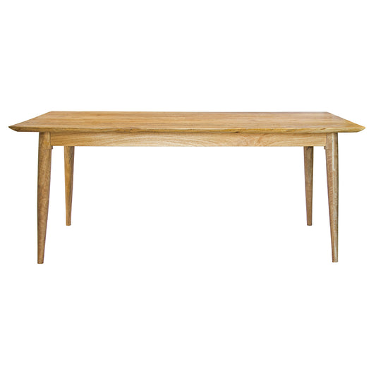 The Otis 2100 Dining Table is a modern, rectangular table that features a tapered edge and turned legs. Colour natural. Measures 2100 length X 900 wide X 750 height. Front Plain.