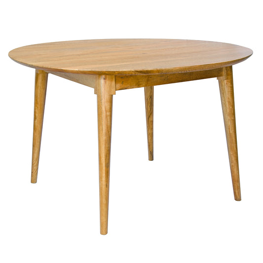 The Otis Round Dining Table is a modern, round table that features a tapered edge and turned legs. Colour natural. Measures 1200 diameter X 750 height. Front Plain.