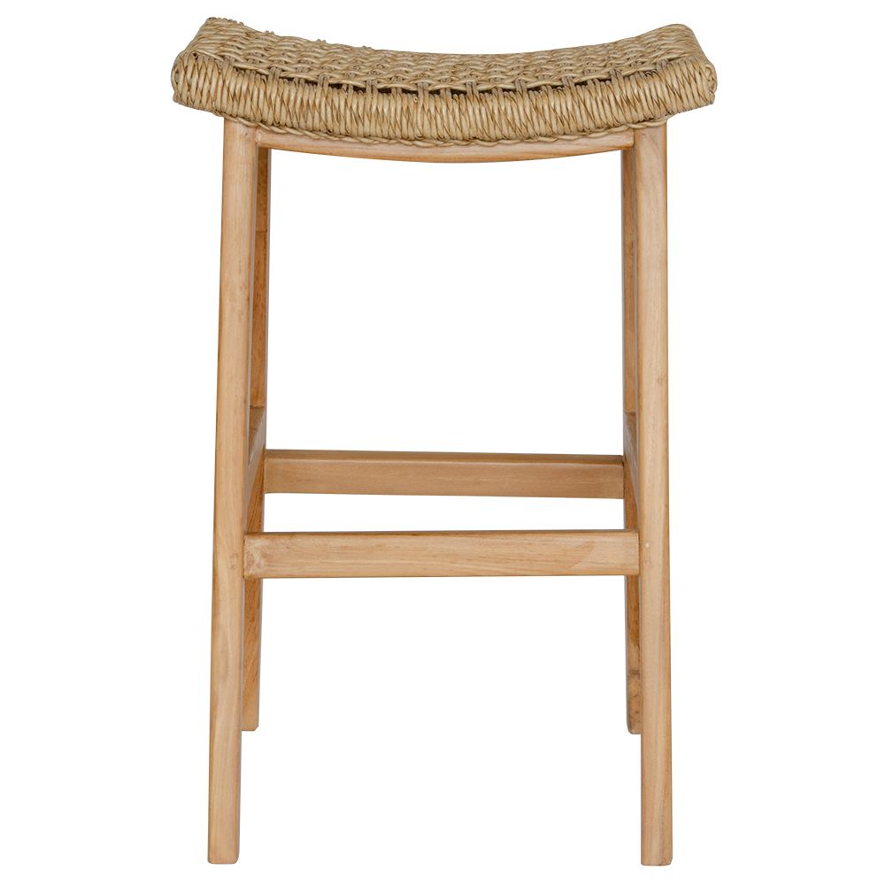 The Owyhee Barstool boasts a coastal contemporary feel. Crafted from sustainable solid teak and featuring a synthetic rope seat. Colour natural. Measures 460 wide X 350 depth X 670 seat height. Front Plain.