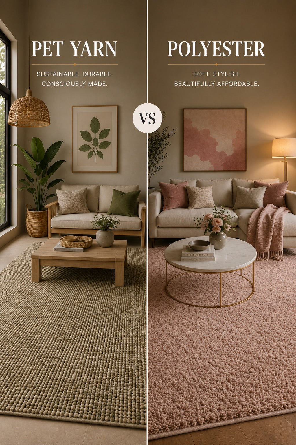 A split image of a PET Yarn Rug and a Polyester Rug both styled in modern Perth home living room settings.