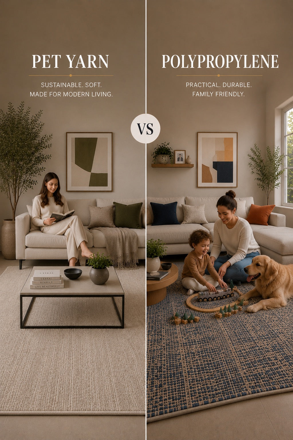 A split image of a PET Yarn rug and a Polypropylene Rug both styled and featuring frequently used Perth home living rooms.