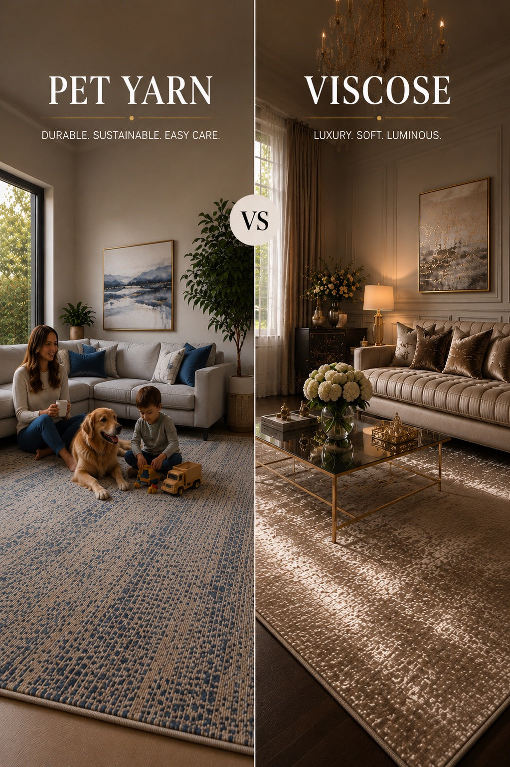 A split image of a PET Yarn and a Viscose Rug both styled in Perth home living room settings.
