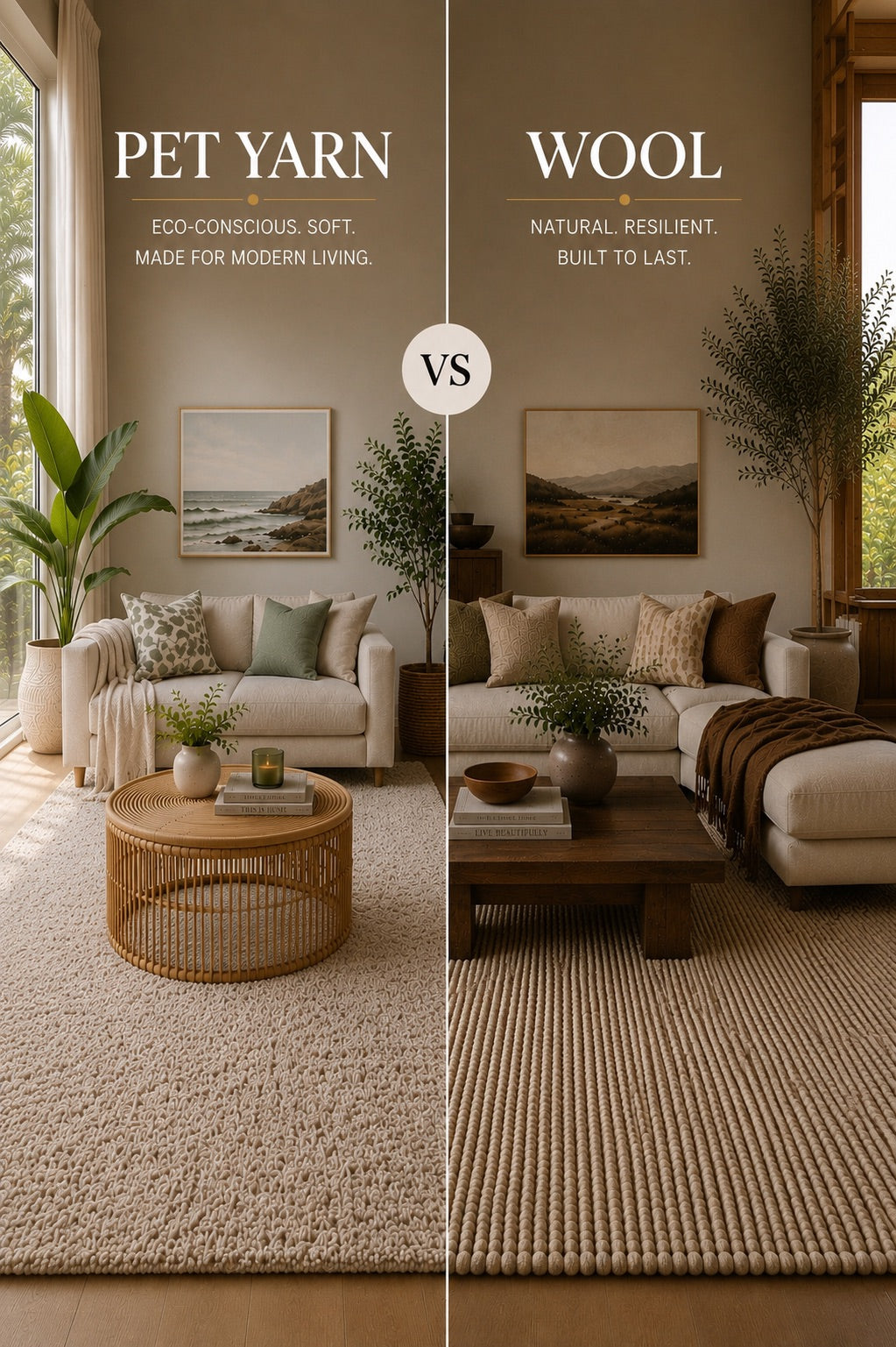 A split image of a PET Yarn rug and a Wool rug both styled in modern Perth home living rooms.