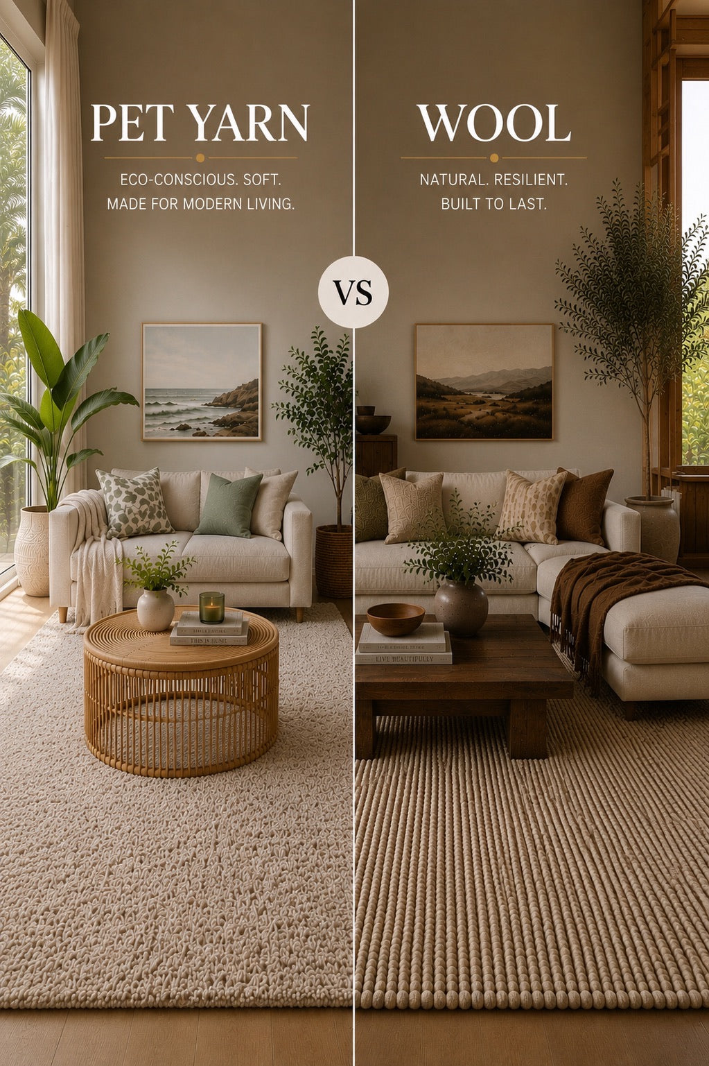 A split image of a PET Yarn Rug and a Wool rug both styled in modern Perth home living room settings.