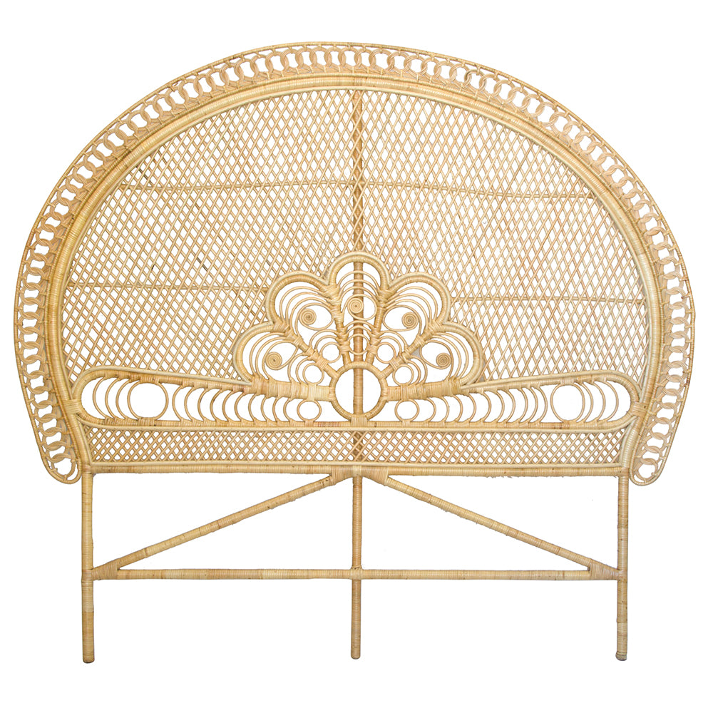 The Pacific Bedhead is crafted with durable rattan. Features an arched top and cross weave ornate rattan weave. Colour natural. Sizes Queen and King. Front Plain.