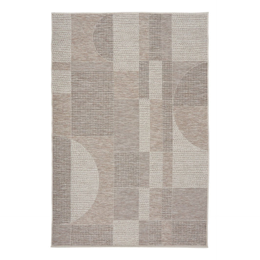 The Patio Arcs Linen indoor/outdoor rug featuring neutral tones and a modern designed pattern, power-loomed from UV-stabilised polypropylene for lasting durability. Colours, Linen, Beiges and hints of light grey. 3 sizes. Top.