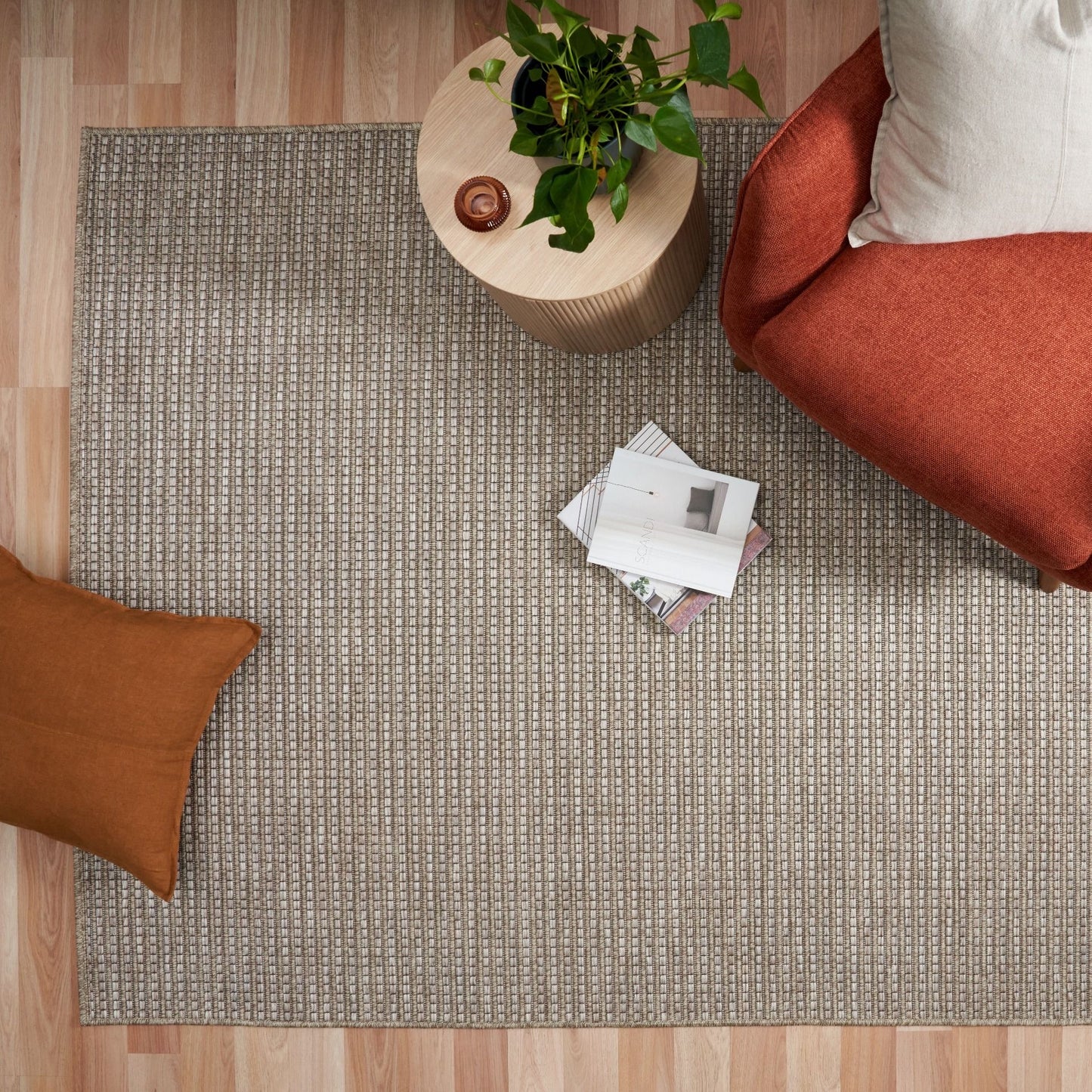 The Patio Basket Straw indoor/outdoor rug featuring neutral tones and a modern designed pattern, power-loomed from UV-stabilised polypropylene for lasting durability. Colours Greys, Beiges and hints of light grey. 3 sizes. Life.