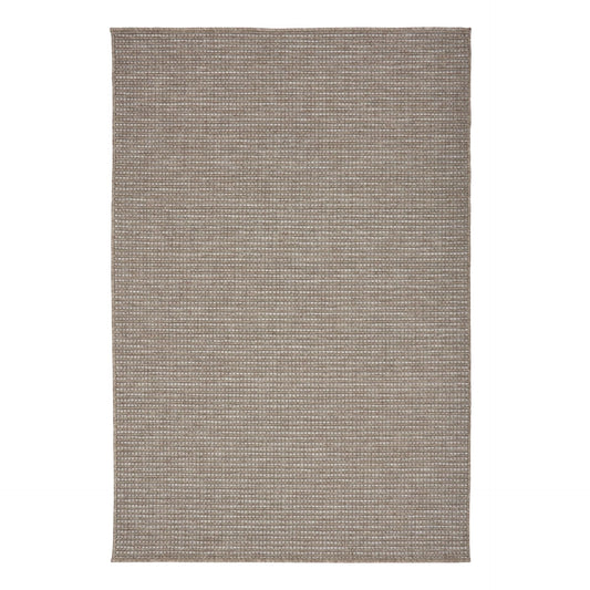 The Patio Basket Straw indoor/outdoor rug featuring neutral tones and a modern designed pattern, power-loomed from UV-stabilised polypropylene for lasting durability. Colours Greys, Beiges and hints of light grey. 3 sizes. Top.