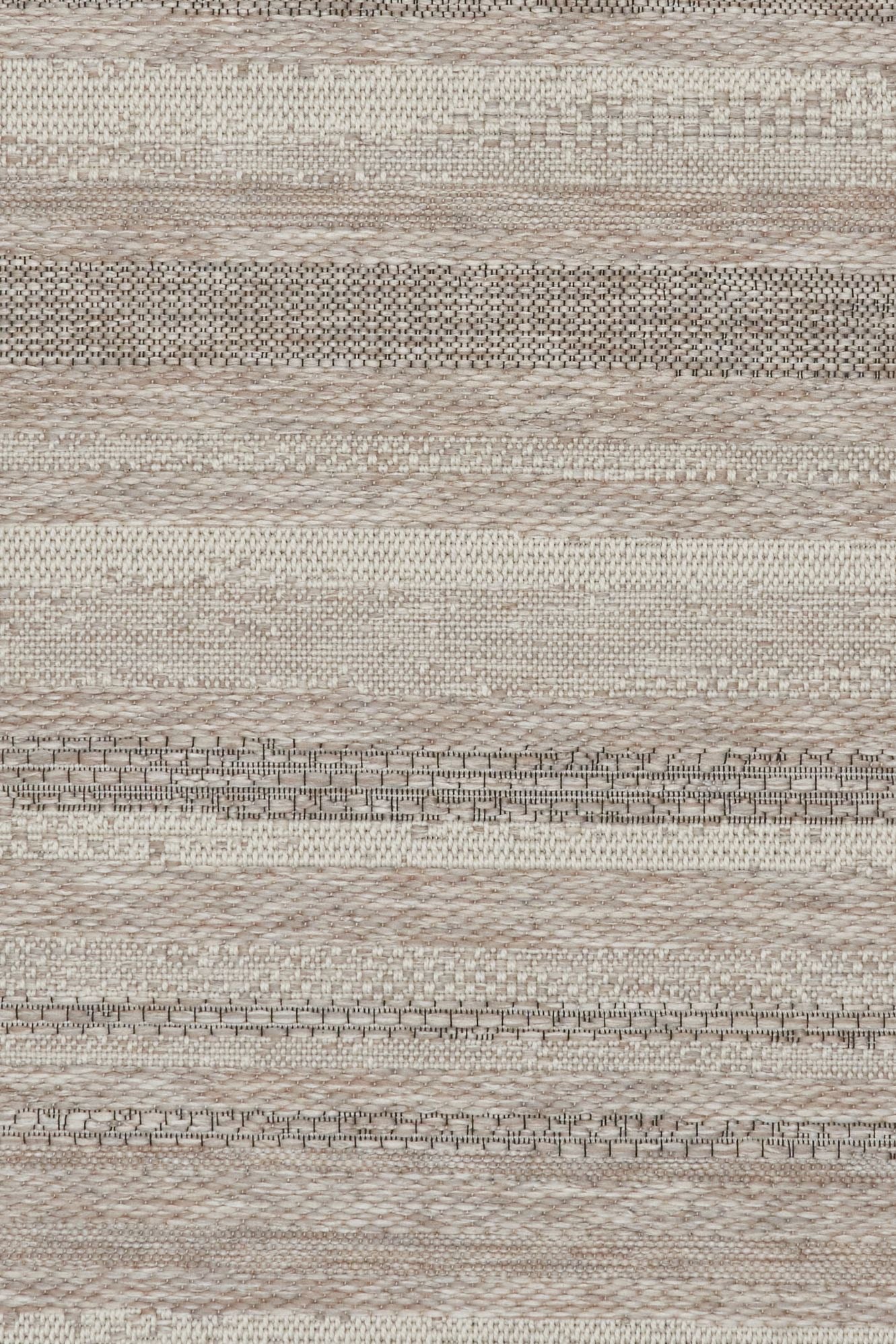 The Patio Linear Linen indoor/outdoor rug featuring neutral tones and a subtle textured pattern, power-loomed from UV-stabilised polypropylene for lasting durability. Colours, Linen, Beiges and hints of black. 3 sizes. Close.