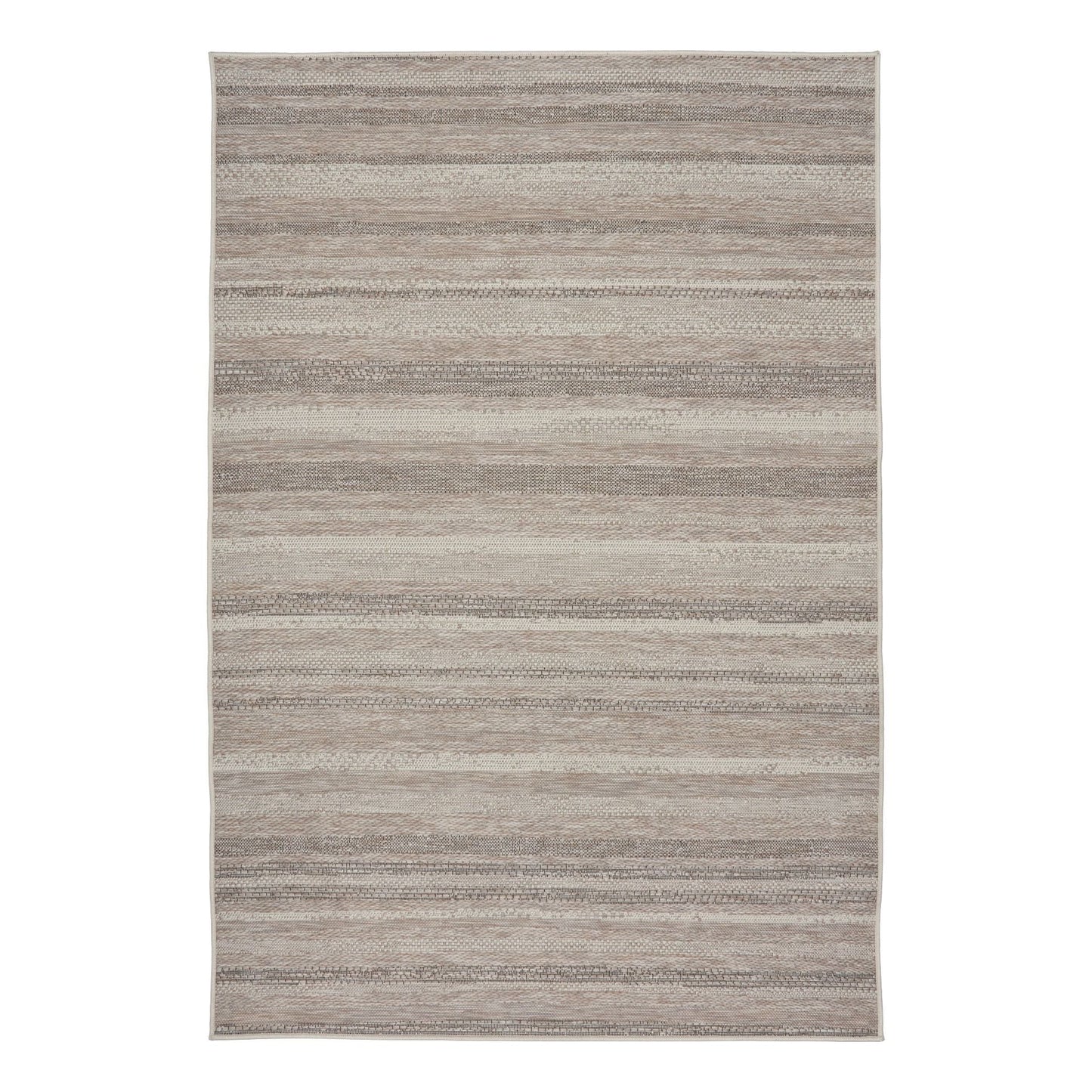 The Patio Linear Linen indoor/outdoor rug featuring neutral tones and a subtle textured pattern, power-loomed from UV-stabilised polypropylene for lasting durability. Colours, Linen, Beiges and hints of black. 3 sizes. Top.