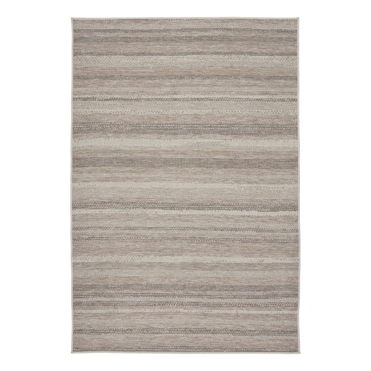 The Patio Linear Linen indoor/outdoor rug featuring neutral tones and a subtle textured pattern, power-loomed from UV-stabilised polypropylene for lasting durability. Colours, Linen, Beiges and hints of black. 3 sizes. Top.