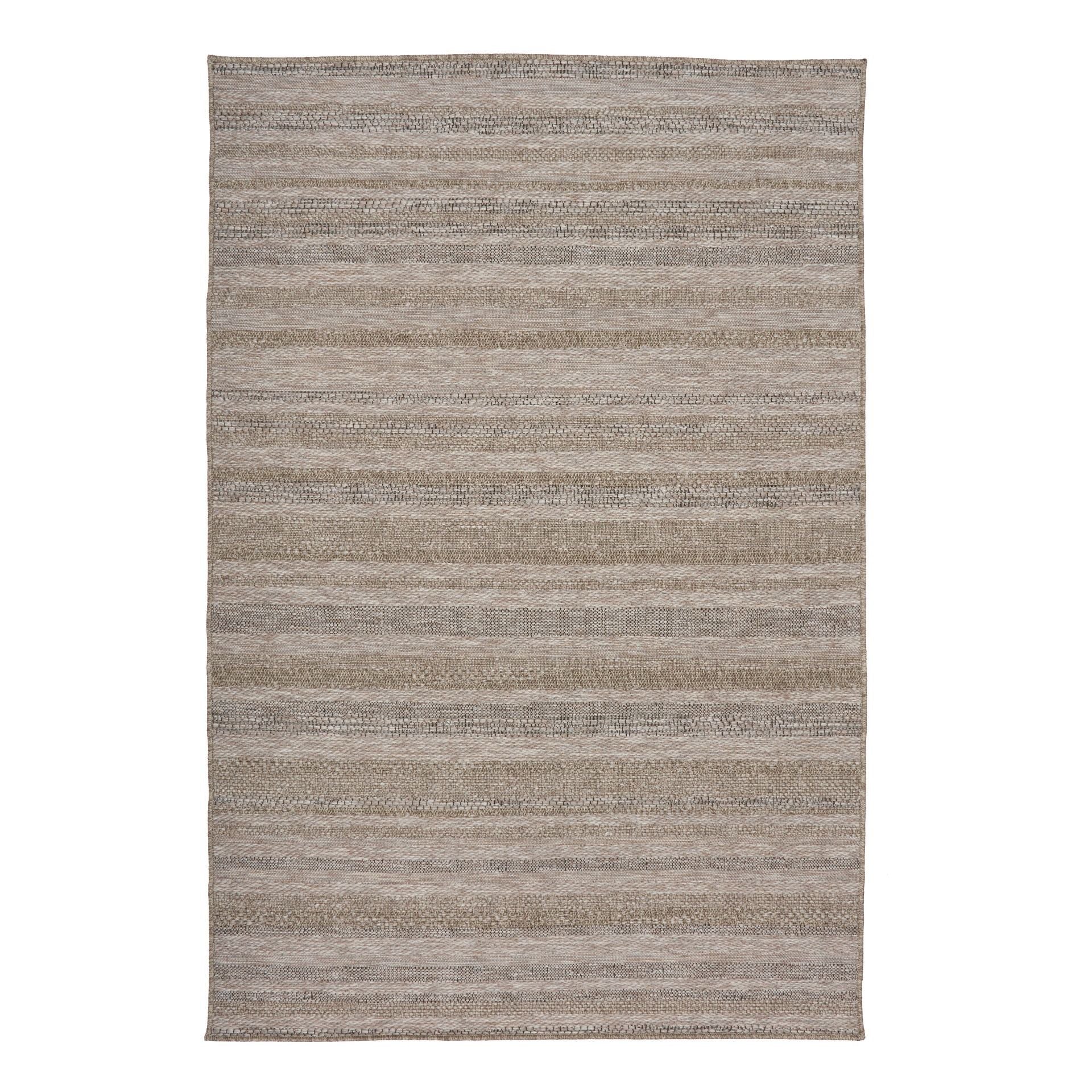 The Patio Linear Straw indoor/outdoor rug featuring neutral tones and a subtle textured pattern, power-loomed from UV-stabilised polypropylene for lasting durability. Colour Browns, Beiges and hints of black. 3 sizes. Top.