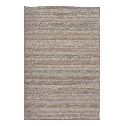 The Patio Linear Straw indoor/outdoor rug featuring neutral tones and a subtle textured pattern, power-loomed from UV-stabilised polypropylene for lasting durability. Colour Browns, Beiges and hints of black. 3 sizes. Top.