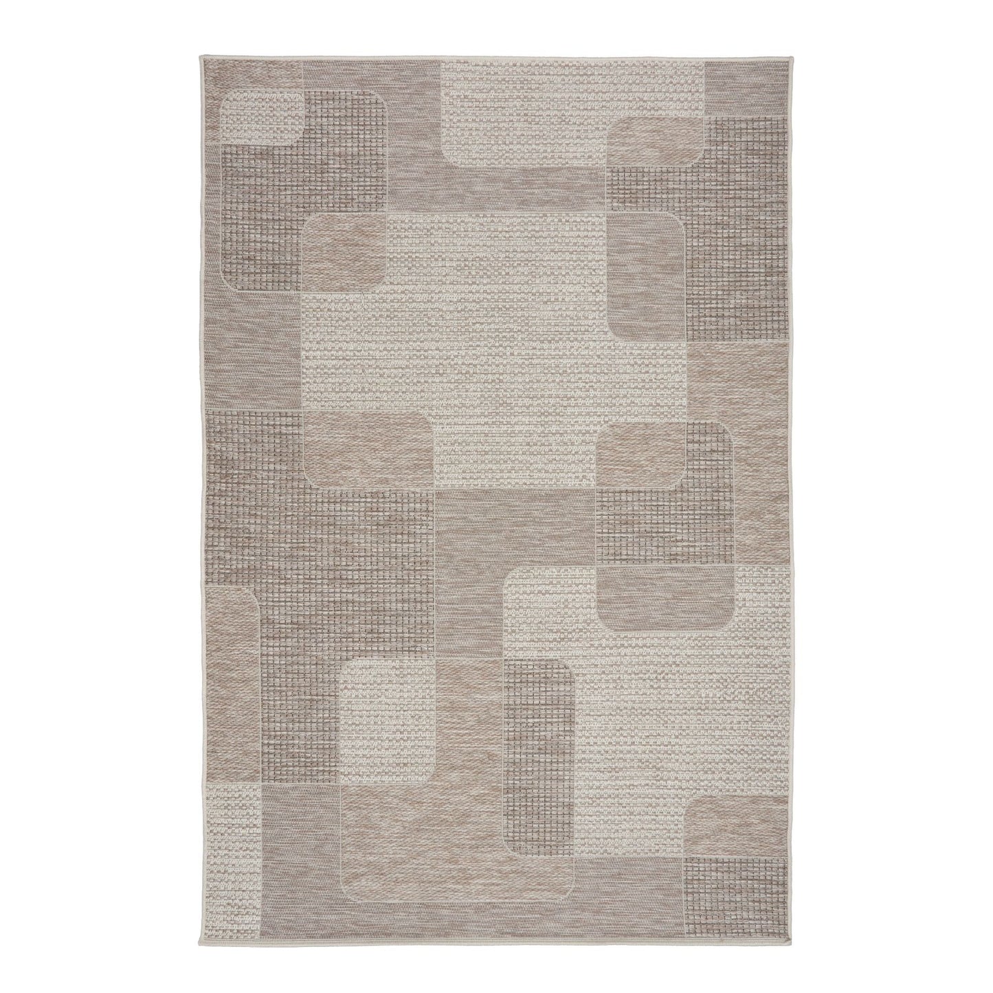 The Patio Linen 50005 indoor/outdoor rug featuring neutral tones and a modern designed pattern, power-loomed from UV-stabilised polypropylene for lasting durability. Colours, Linen, Beiges and hints of light grey. 3 sizes. Top.