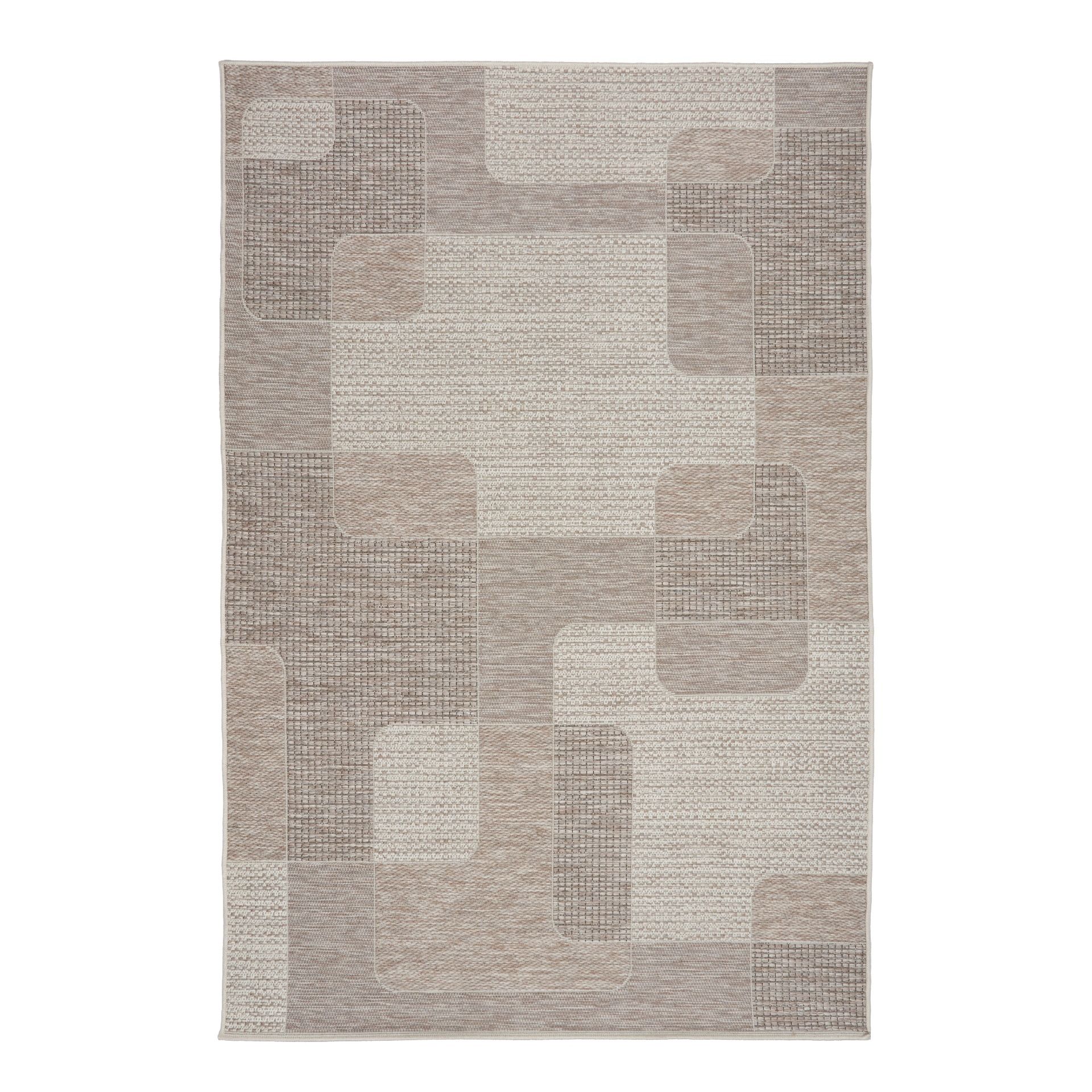 The Patio Linen 50005 indoor/outdoor rug featuring neutral tones and a modern designed pattern, power-loomed from UV-stabilised polypropylene for lasting durability. Colours, Linen, Beiges and hints of light grey. 3 sizes. Top.