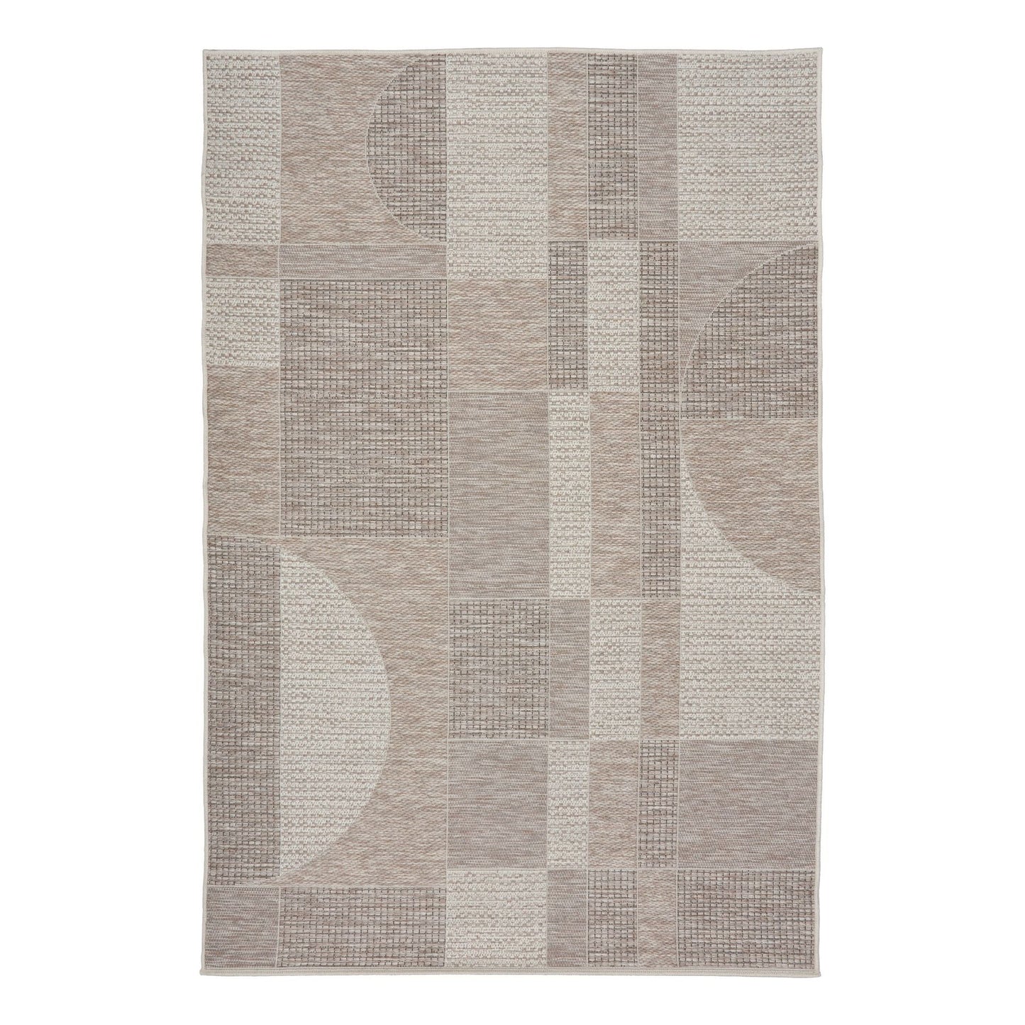 The Patio Linen 606 indoor/outdoor rug featuring neutral tones and a modern designed pattern, power-loomed from UV-stabilised polypropylene for lasting durability. Colours, Linen, Beiges and hints of light grey. 3 sizes. Top.