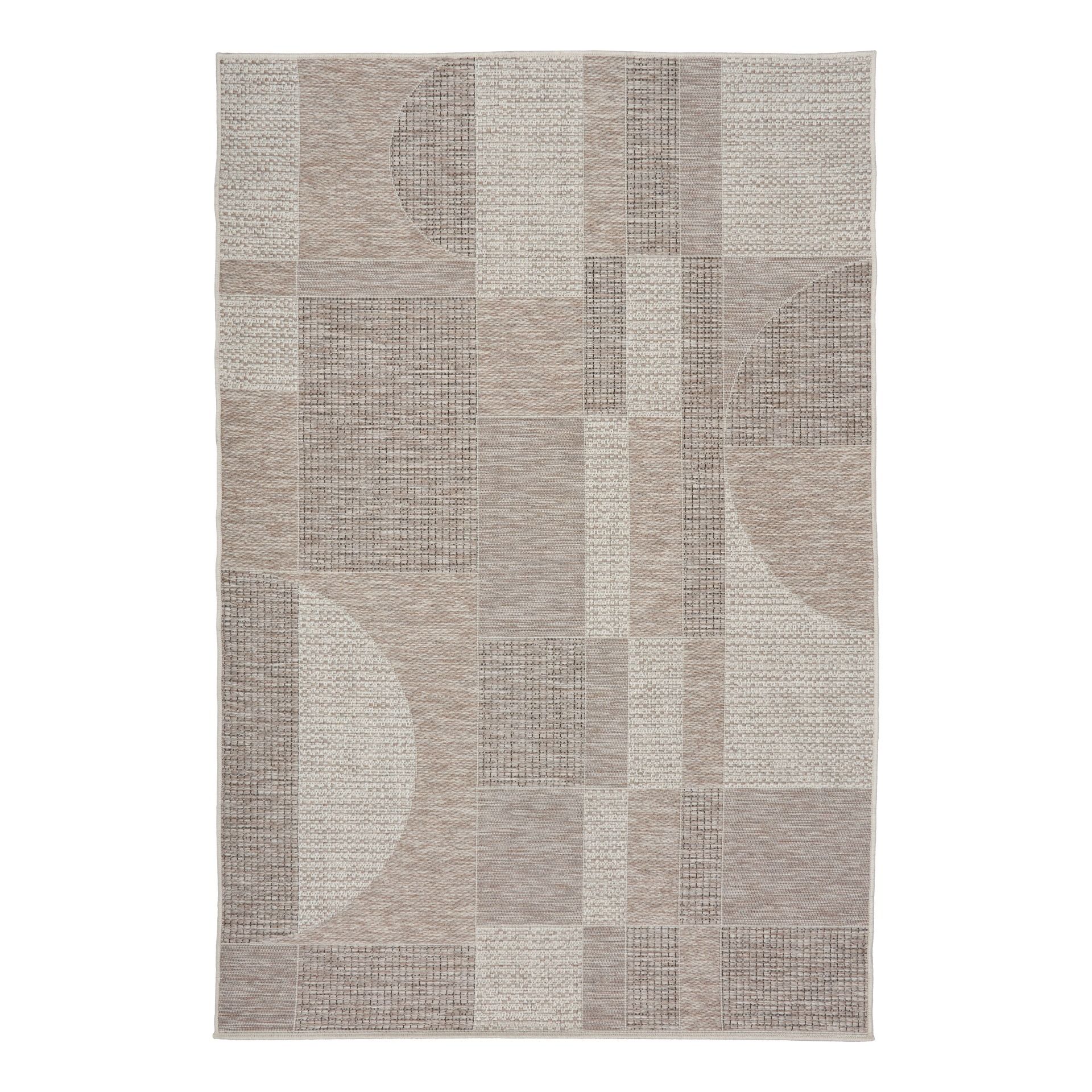 The Patio Linen 606 indoor/outdoor rug featuring neutral tones and a modern designed pattern, power-loomed from UV-stabilised polypropylene for lasting durability. Colours, Linen, Beiges and hints of light grey. 3 sizes. Top.