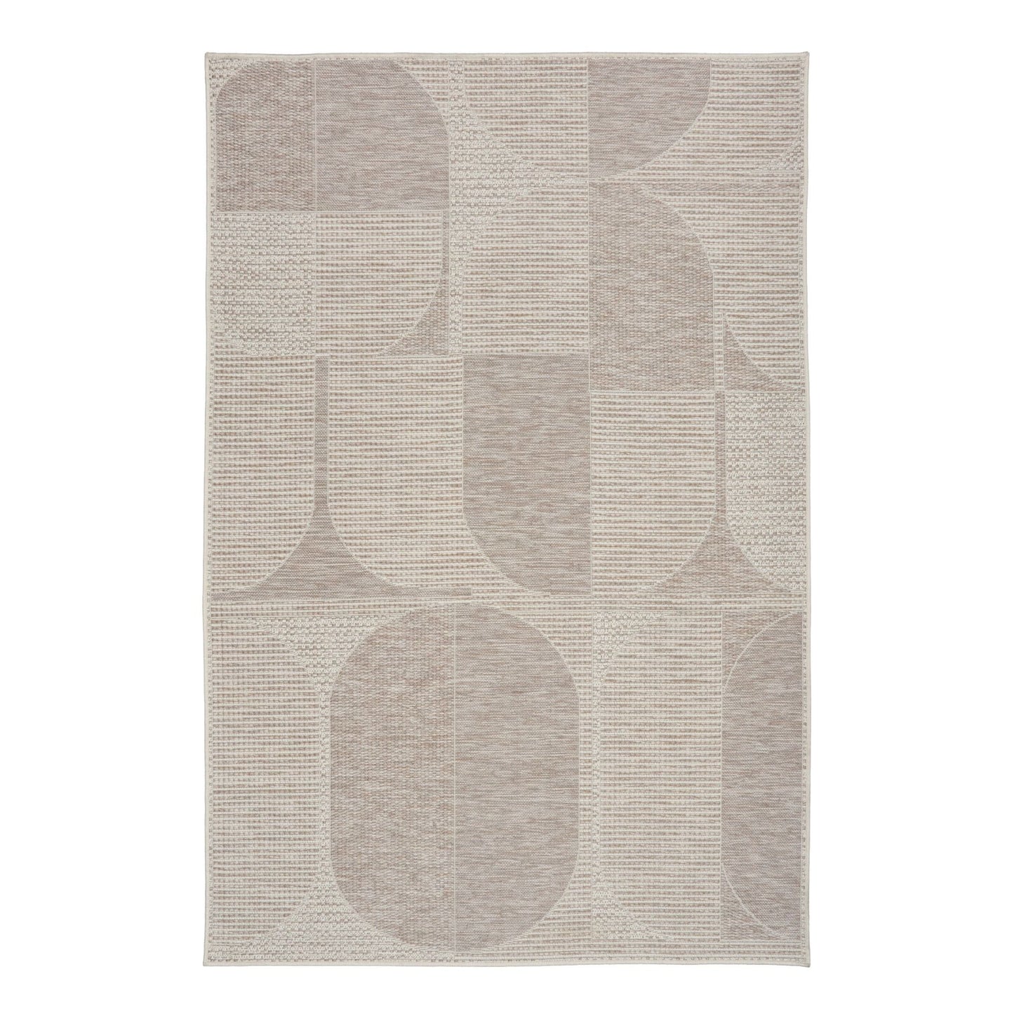 The Patio Linen 65001 indoor/outdoor rug featuring neutral tones and a modern designed pattern, power-loomed from UV-stabilised polypropylene for lasting durability. Colours, Linen, Beiges and hints of light grey. 3 sizes. Top.