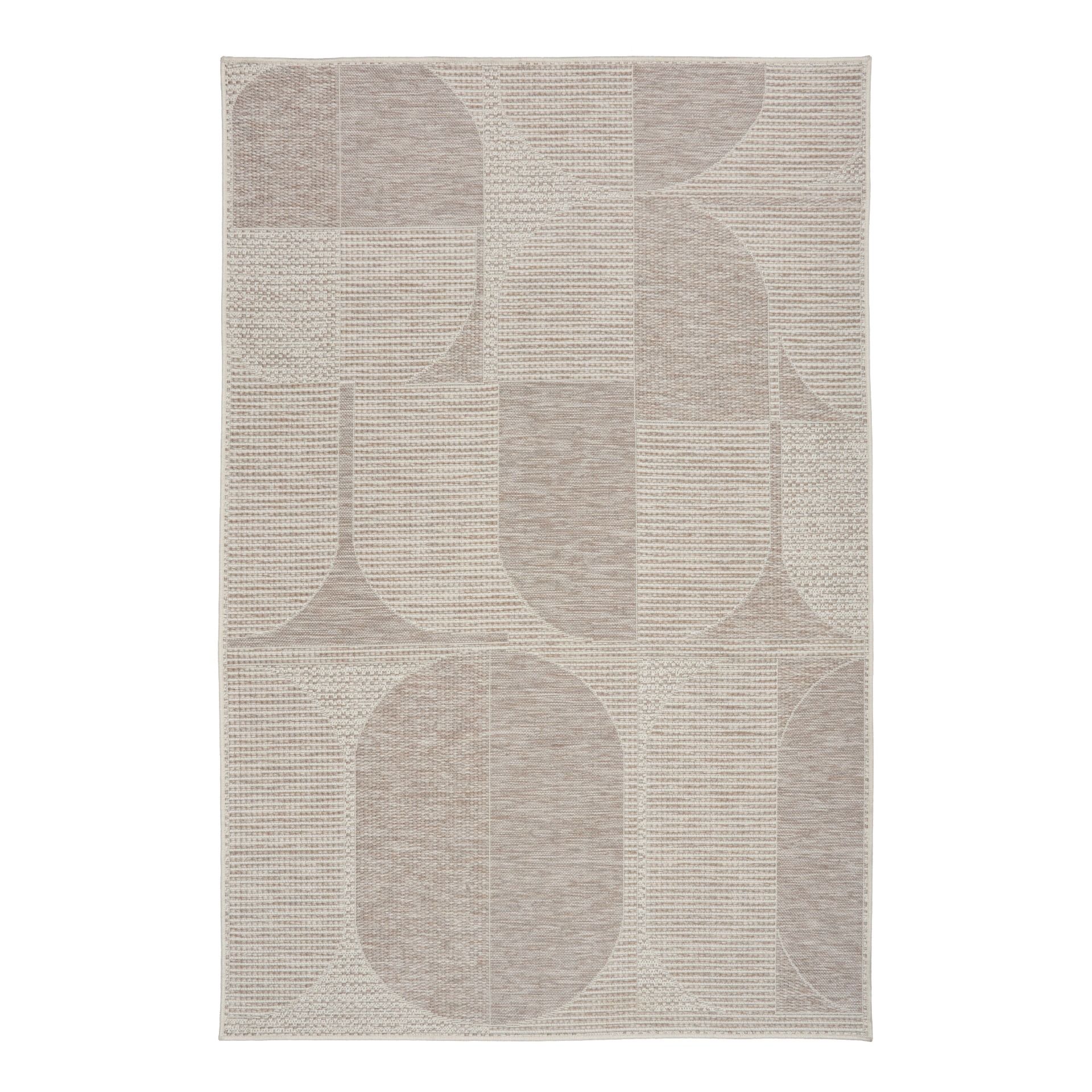 The Patio Linen 65001 indoor/outdoor rug featuring neutral tones and a modern designed pattern, power-loomed from UV-stabilised polypropylene for lasting durability. Colours, Linen, Beiges and hints of light grey. 3 sizes. Top.